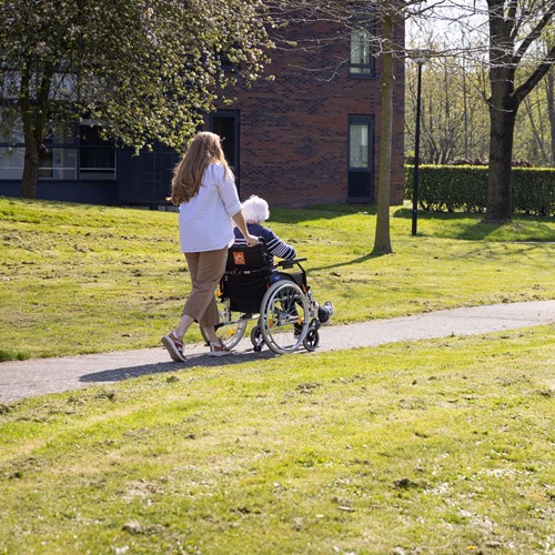 Mevrouw In Rolstoel Wordt Geduwd Door Vrouw